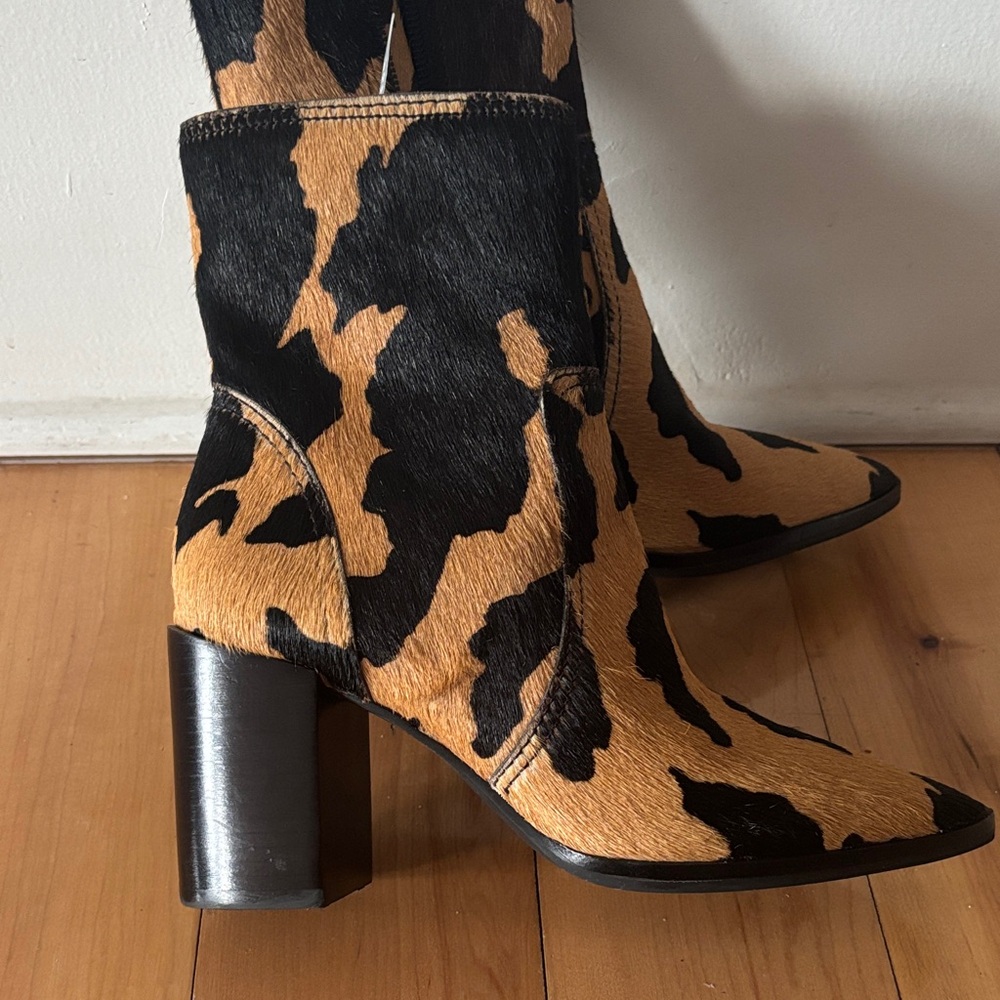 Cow Print Booties Western Leather Rider Calf Hair Block Heel Cowgirl New - Picture 5 of 6